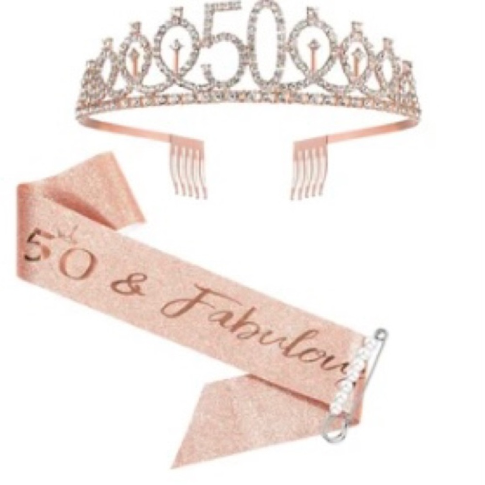 Rose Gold 50th Birthday Tiara and Sash Set